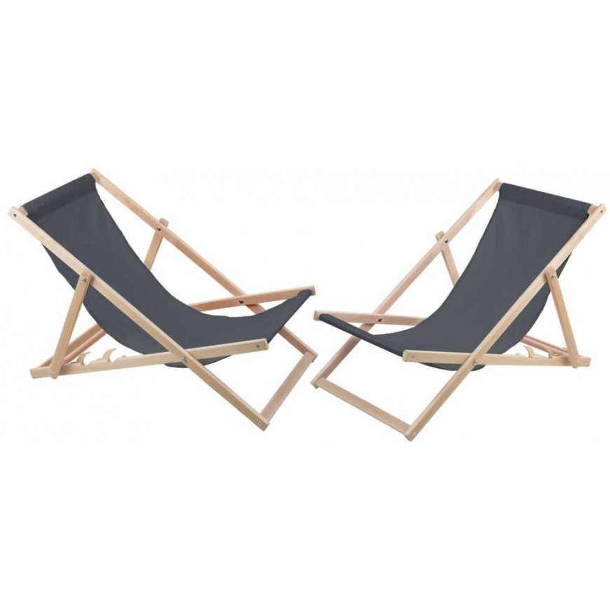 Woodok 2 Comfortable Wooden Deck Chairs, Loungers Ideal for the Beach, Balcony, Terrace, Grey