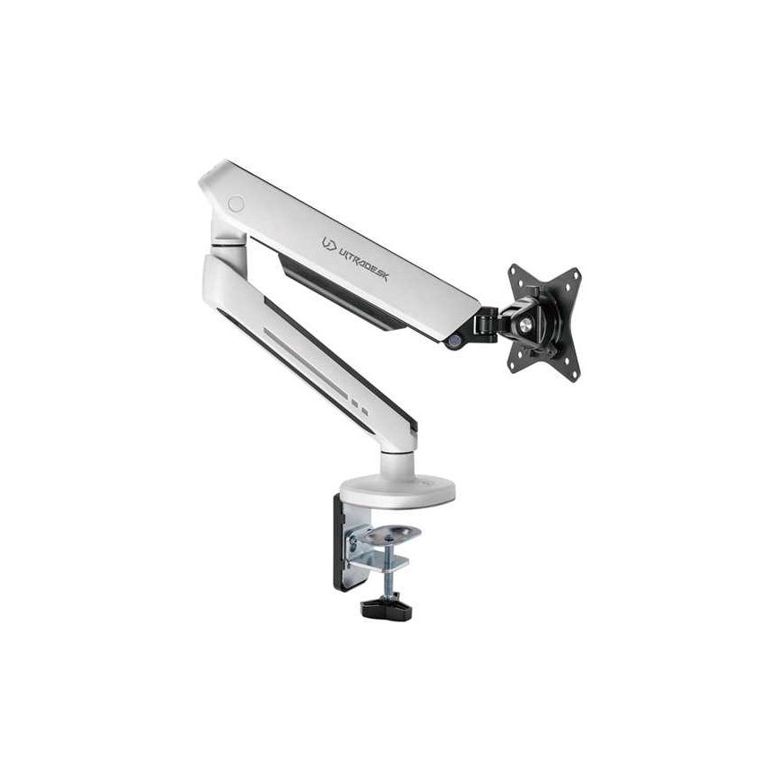 Laikiklis Regulowany uchwyt ULTRADESK OFFSHOOT Single na monitorius, 9KG, mocowanie na zacisk, 17"-32", 75x75/100x100, balta – 2
