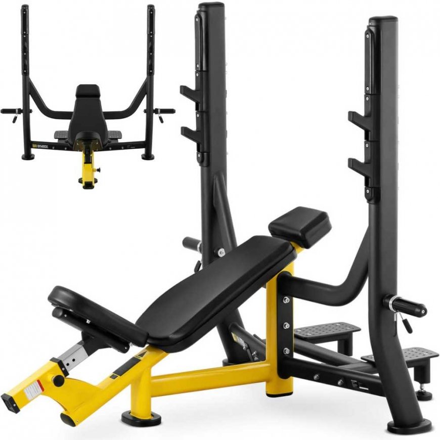 Gymrex Inclined training bench for vertical barbells, black and yellow