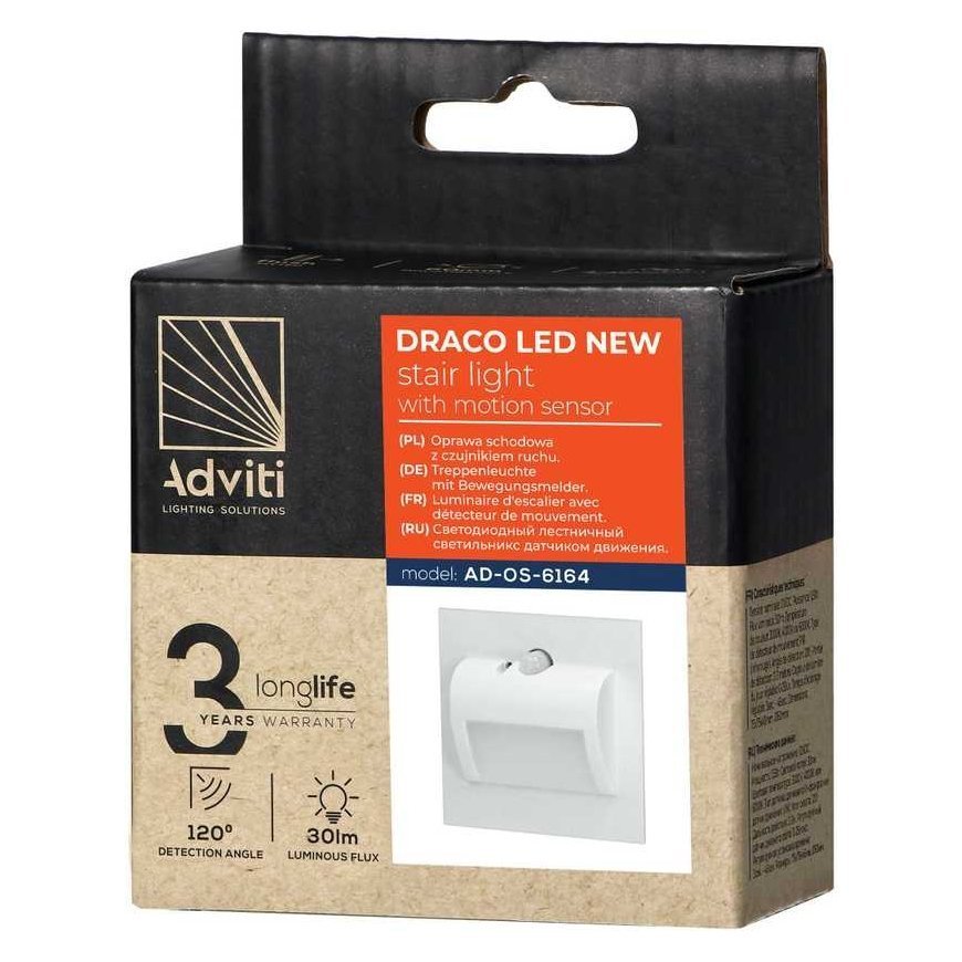 Orno DRACO LED NAUJAS 1.5W, įleidžiamas laiptinės apšvietimas, 12VDC, 30lm, 6000K, baltas, judesio ir prieblandos jutiklis – 2
