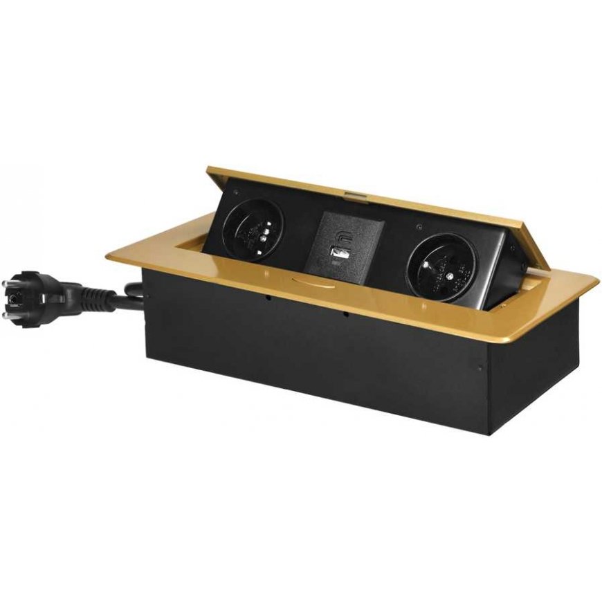 Orno Recessed furniture sockets with flat milled edge, USB charger and 1.5 m cable, 2x2P+Z, 2xUSB (type A+C 3.6A), gold – 2