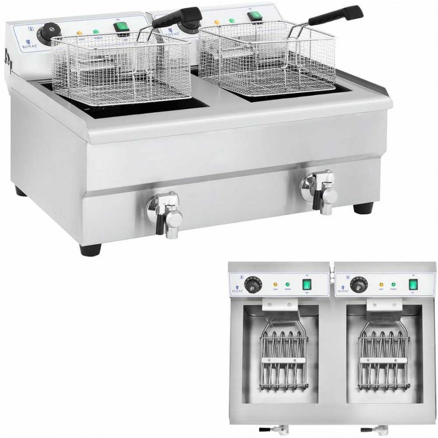 Royal Catering Keptuvė, dviejų kamerų maitinimo gruzdintuvė su čiaupais, 230V 2x16L