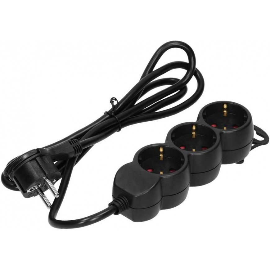 Orno 3-way extension cord 2P+E (Schuko), 5m H05VV-F 3x1.5mm2, Imax16A, flat plug, black – 2