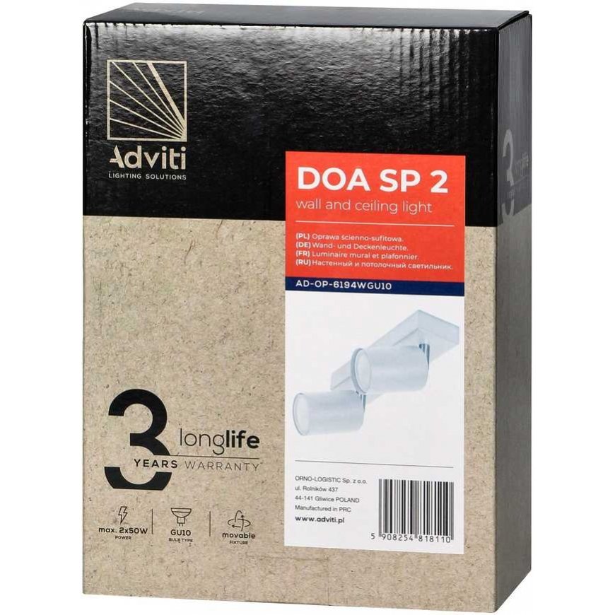 Hanging lamp Orno DOA SP 2, wall and ceiling lamp, GU10 max. 2x50W, IP20, white – 2