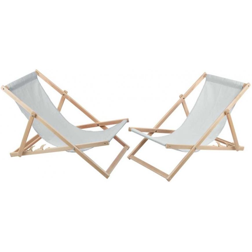 Woodok 2 Comfortable Wooden Deck Chairs, Loungers Ideal for the Beach, Balcony, Terrace, Light Ash Coulour