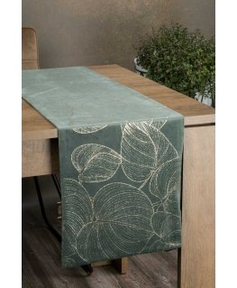 Eurofirany BLINK / 16 Velvet table runner with a pattern of large leaves, 35X180 cm, color: dark mint