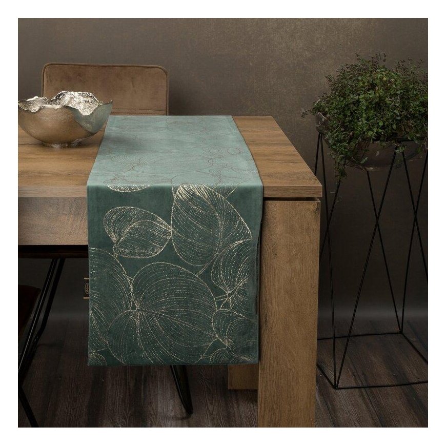 Eurofirany BLINK / 16 Velvet table runner with a pattern of large leaves, 35X180 cm, color: dark mint – 5