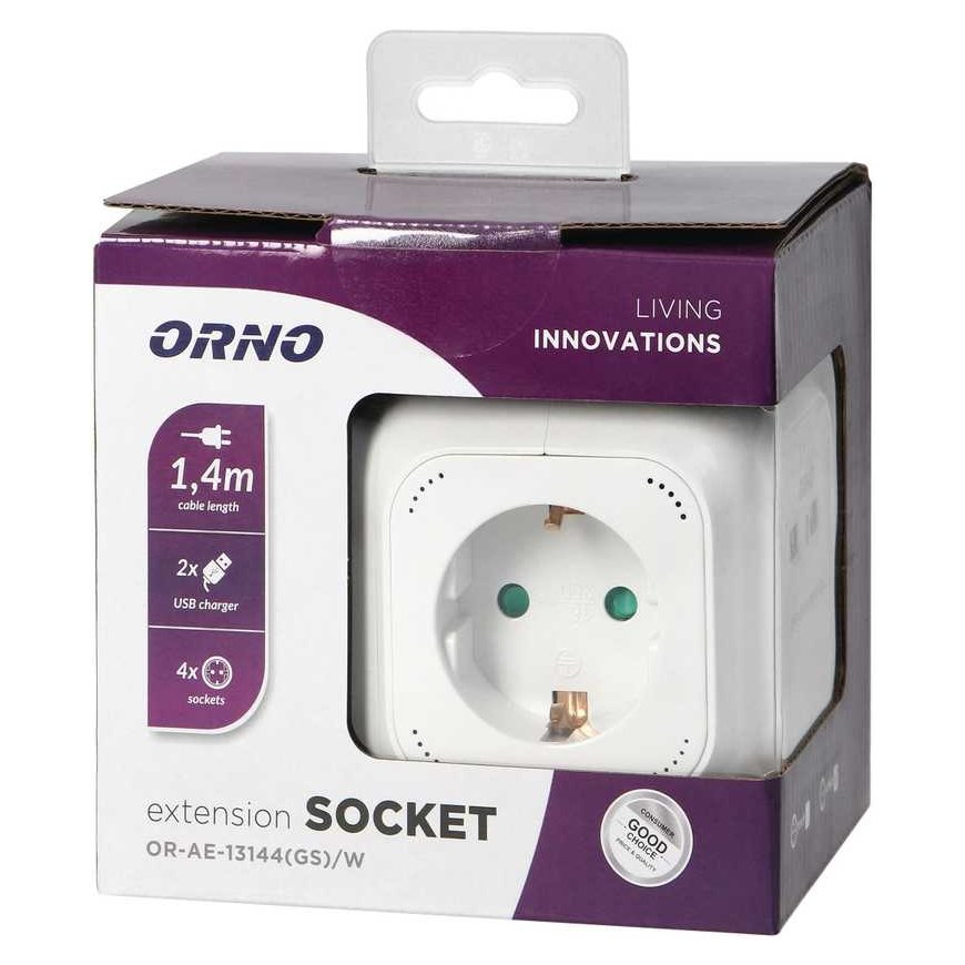 Orno 4-way extension cord 2P+E (Schuko), 2xUSB charger, 1.4m H05VV-F 3x1.5mm2, white – 2