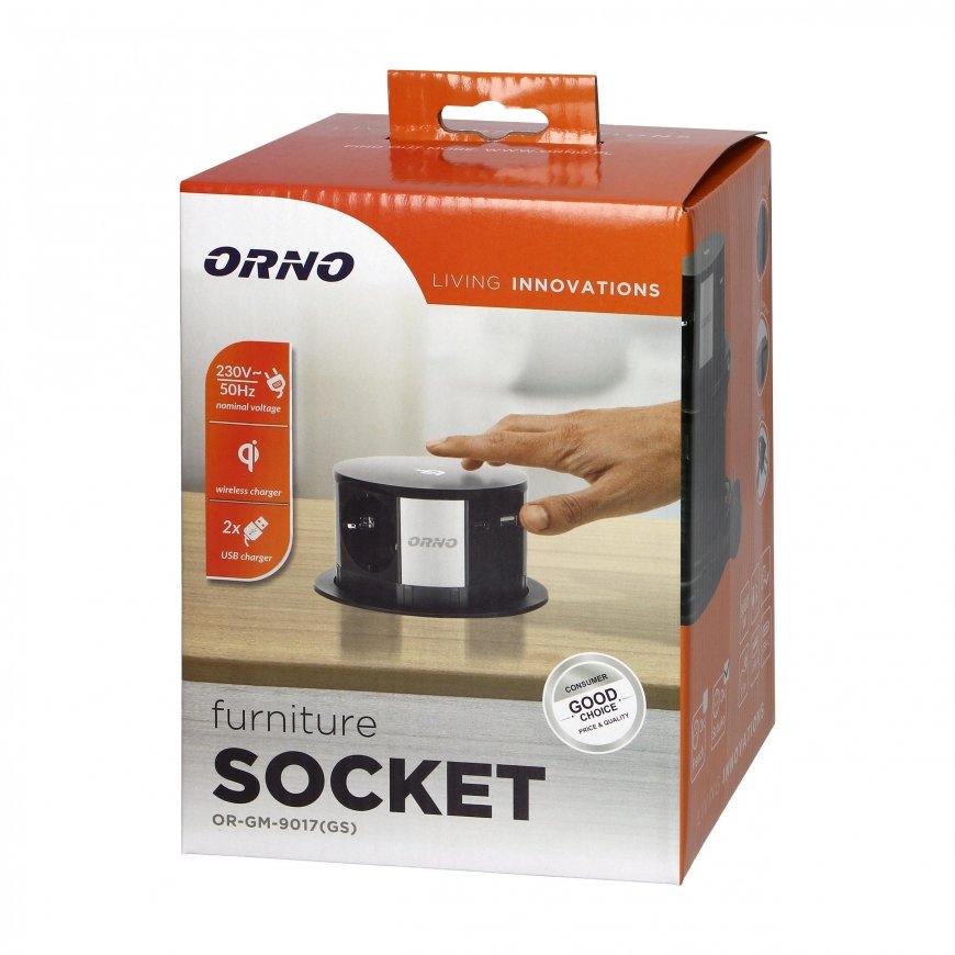 Orno Baldų lizdas? 10 cm ištraukiamas iš viršaus su indukciniu įkrovikliu, USB įkrovikliu ir 1,5 m laidu, 3x2P+Z (Schuko), Qi 1. – 2