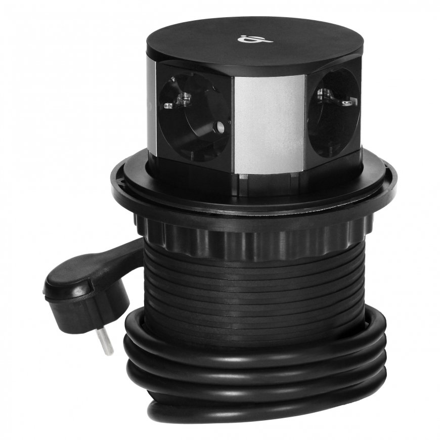 Orno's Furniture Nest? 10 cm retractable from above with inductive charger, USB charger and 1.5 m cable, 3x2P+Z (Schuko), Qi 1.2 – 3