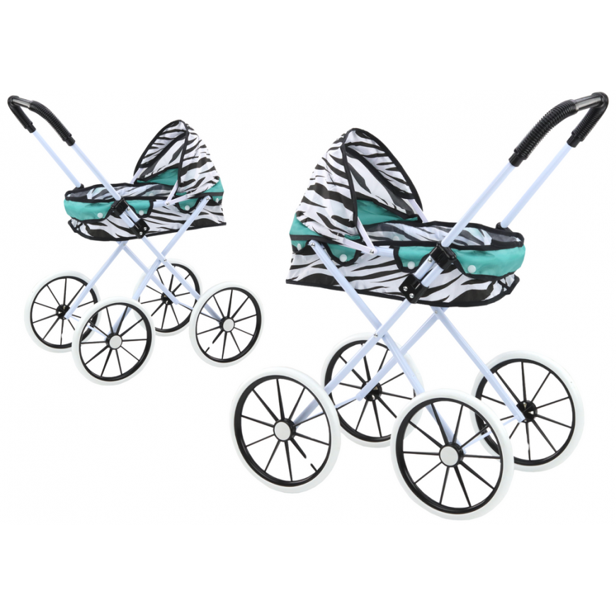 Lean Toys Doll Stroller Large Wheels Foldable Zebra Turquoise