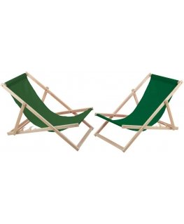 Woodok Two comfortable wooden deck chairs in žalias, perfect for relaxing on the beach, balcony, or terrace.