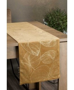 Eurofirany BLINK / 16 Velvet table runner with a pattern of large leaves, 35X180 cm, color: golden