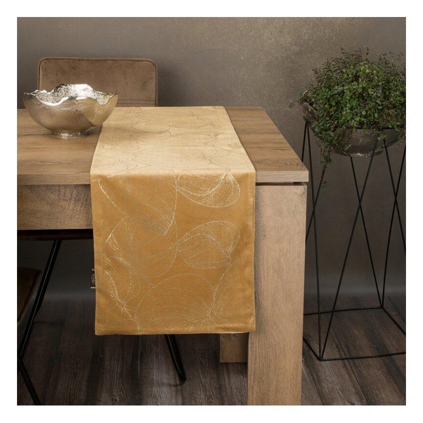 Eurofirany BLINK / 16 Velvet table runner with a pattern of large leaves, 35X180 cm, color: golden – 5