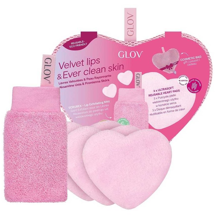 Glov Velvet Lips & Ever Clear Skin Set Lip Peeling Glove + Heart-Shaped Reusable Cotton Pads