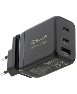 Tellur GaN 65W 3-port wall charger, 2xUSB-C + USB-A, EU,UK,US, juodas