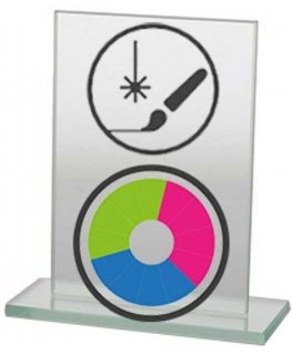 Detail Glass trophy with LuxorJet color printing, engraving and paint filling