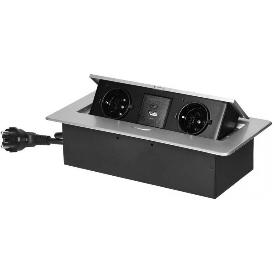 Orno Baldų lizdas įleistas į stalviršį plokščiu frezuotu kraštu, USB įkroviklis ir 1,5 m laidas, 2x2P+Z (Schuko), 2xUSB (tipas A – 2