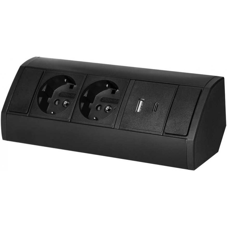 Orno Lizdas meblowe 2x2P+Z (Schuko), 2xUSB (typ A+C 2,4A), juoda