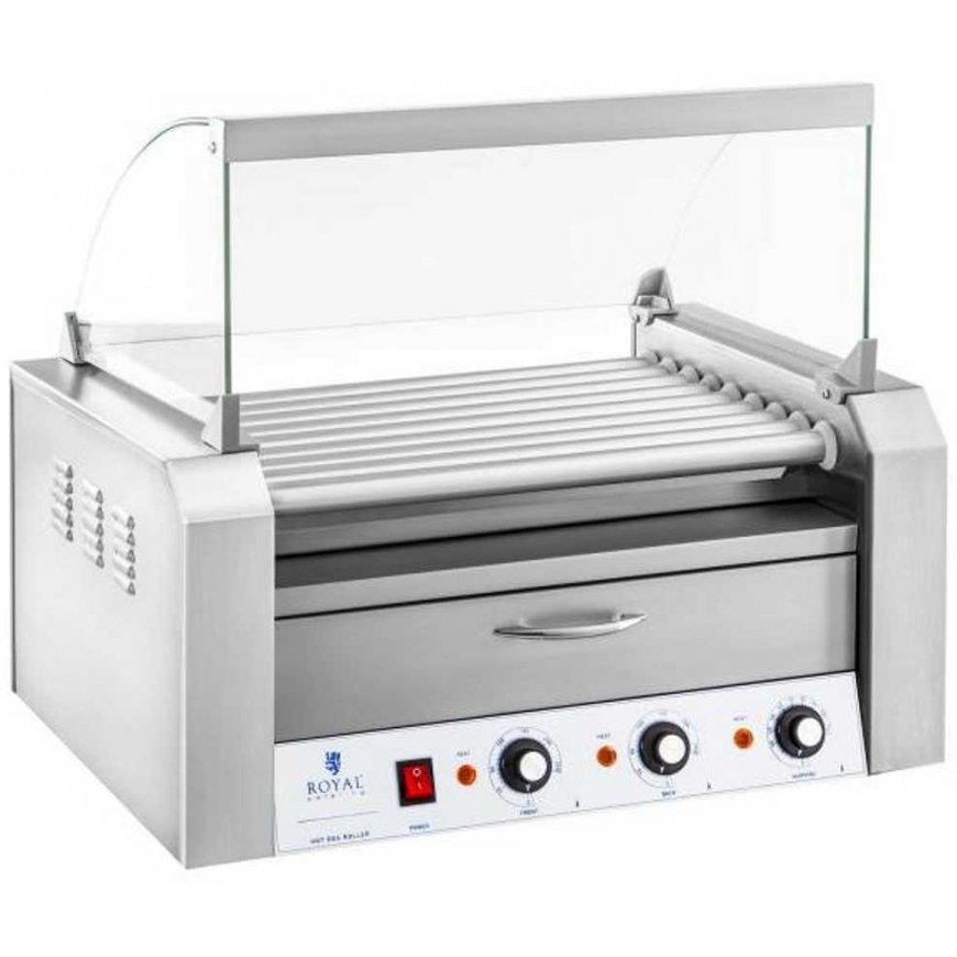 Ritininis ritininis grilis su dangteliu ir kaitinimo stalčiumi bandelėms 16 HotDog dešrelių 2200W 230V Royal Catering