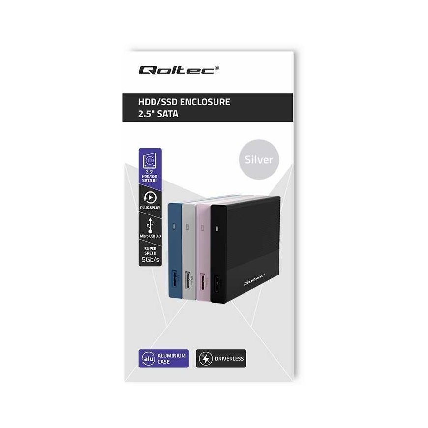 Qoltec Obudowa | kieszeń na dysk ssd hdd 2.5 cala| sata | usb 3.0 | super speed 5gb/s | 2tb | sidabrinė – 5