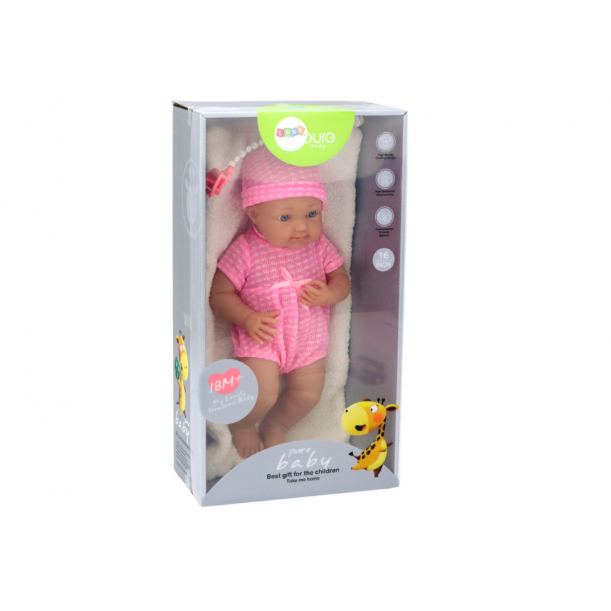 Lean Toys Baby doll in pink clothes, hat, pacifier, and blanket – 4
