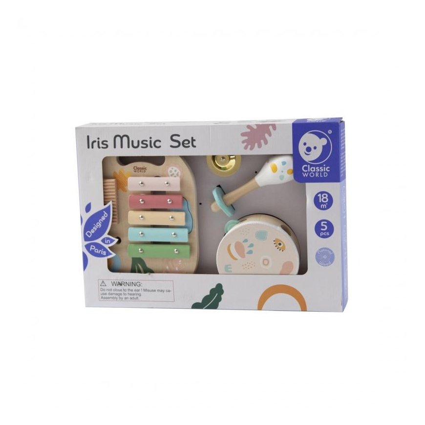 Vaikiškas muzikos instrumentų rinkinys. cimbolai, barškučiai, būgnai ir lazdelės CLASSIC WORLD – 5