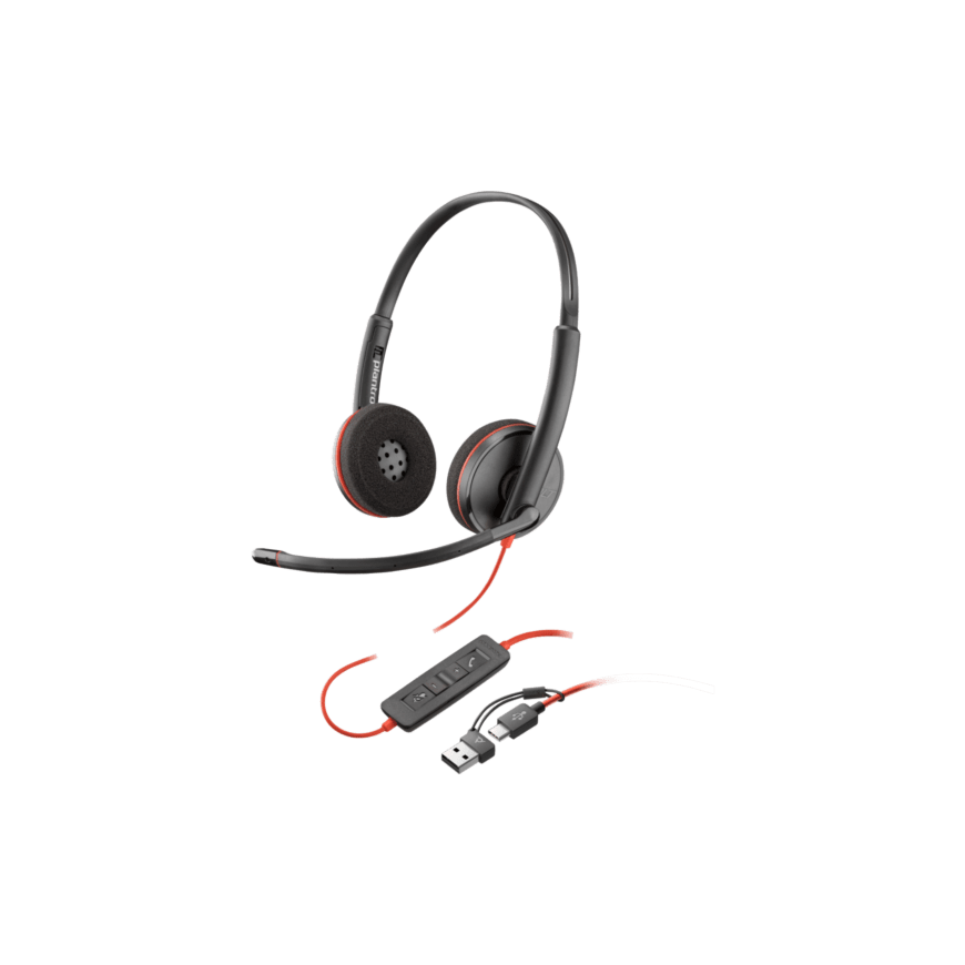 Poly Blackwire 3220 stereo USB-C melnas austiņas + USB-C/A adapteris – 2