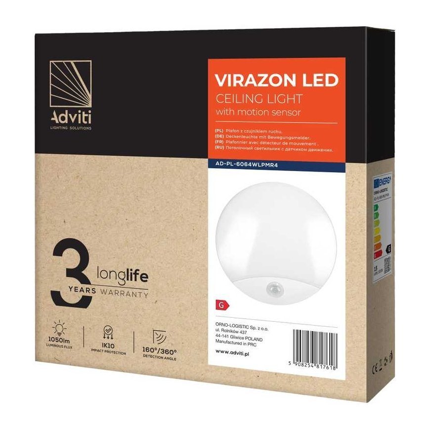 Orno VIRAZON LED 15W, ceiling with motion sensor, 1050lm, IP44, 4000K, opal polycarbonate, white – 2