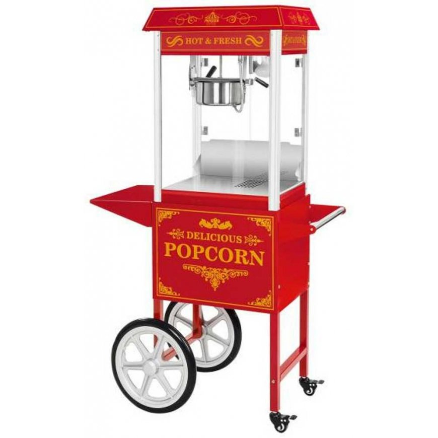 Royal Catering Profesionalus, efektyvus mobilus kukurūzų spragėsių (POPCORN) aparatas ant vežimėlio 230V 1,5kW raudonas – 2