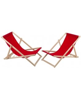 Woodok 2 Comfortable Wooden Deck Chairs, Loungers Ideal for the Beach, Balcony, Terrace, Red Color