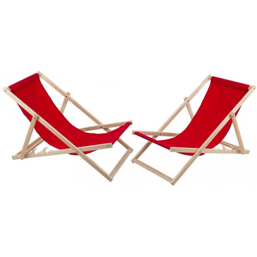 Woodok 2 Comfortable Wooden Deck Chairs, Loungers Ideal for the Beach, Balcony, Terrace, Red Color
