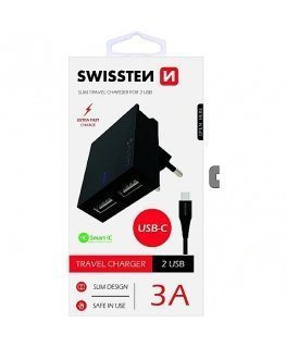 Swissten Travel Charger USB 3А / 15W With USB-C Cable 1.2m