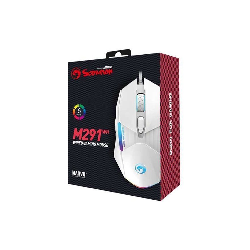 Pelė su laidu, Marvo M291, balta, optinė, 6400DPI – 5