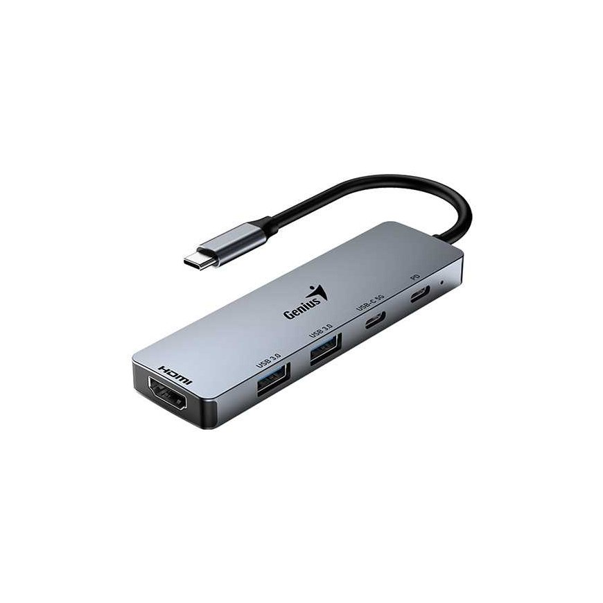 USB (3.0) hub 5-port, UH-500, pilka, Genius, 2x USB 3.0,1x HDMI,2x USB-C,Power Delivery 100W