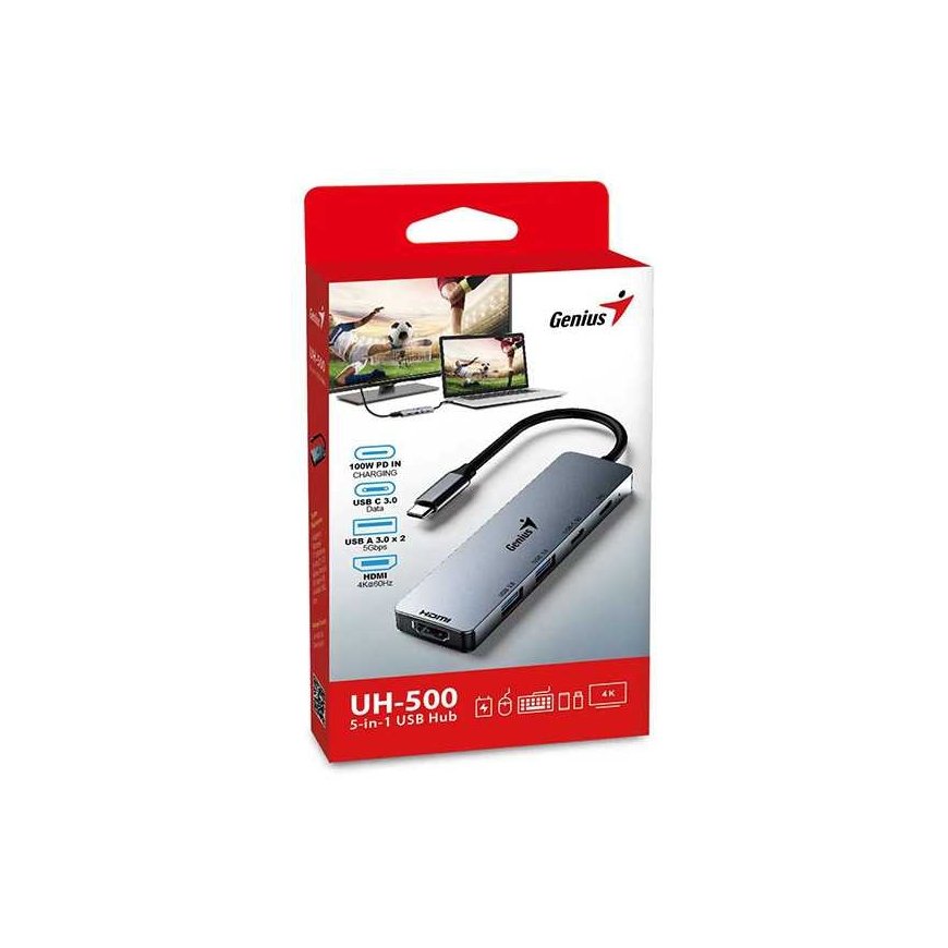 USB (3.0) hub 5-port, UH-500, pilka, Genius, 2x USB 3.0,1x HDMI,2x USB-C,Power Delivery 100W – 2