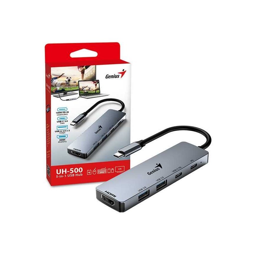 USB (3.0) hub 5-port, UH-500, pilka, Genius, 2x USB 3.0,1x HDMI,2x USB-C,Power Delivery 100W – 3