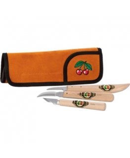 Cherry carving knife set in suede leather roll bag