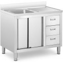 Royal Catering Zlew basin gastronomiczny jednokomorowy with szafka with drzwiami przesuwnymi szufladami steel 100 x 60 x 94.5 cm