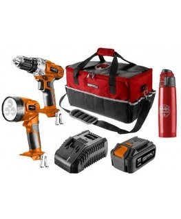 Rinkinys narzędzizasilanie akumulatorem, 04-600-M4K, wiertarka/latarka/baterija/kroviklis/termos/torba, 18V, 6 dalys, Neo Tools