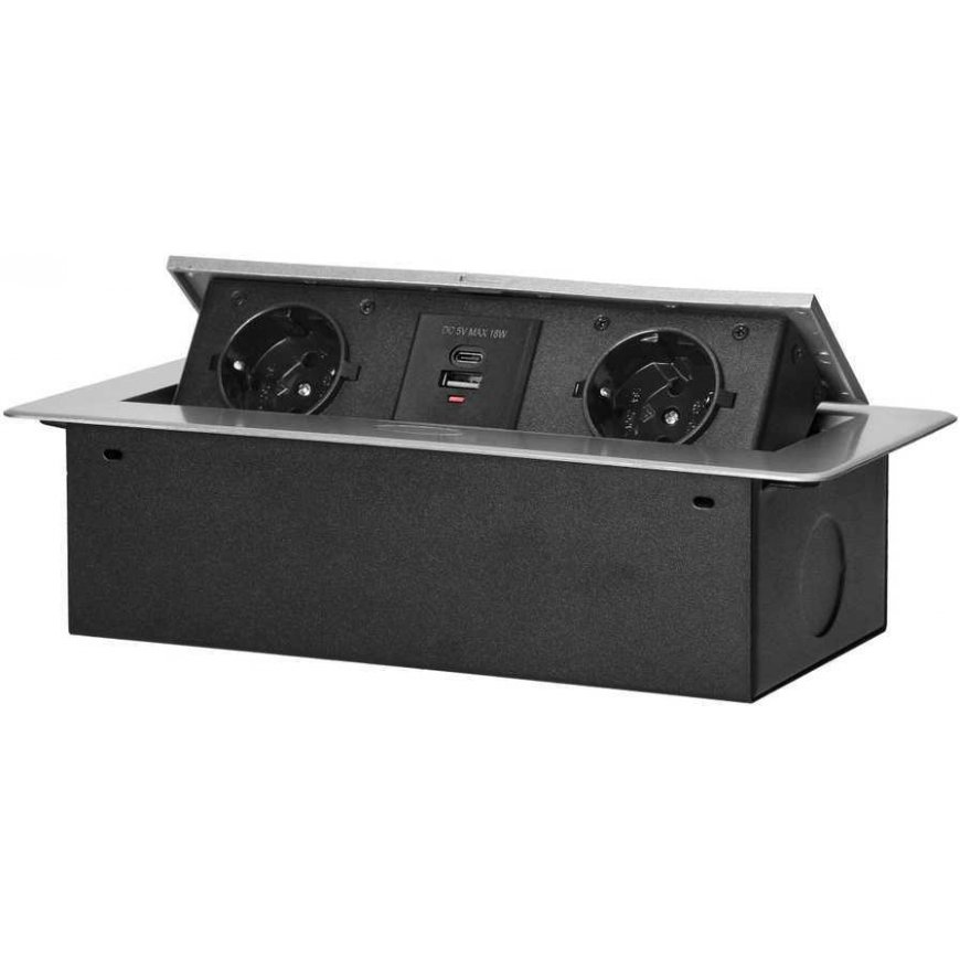 Orno Furnishings socket recessed at the top with a flat milled edge and USB charger, 2x2P+E (Schuko), 2xUSB (type A+C 3.6A), sil