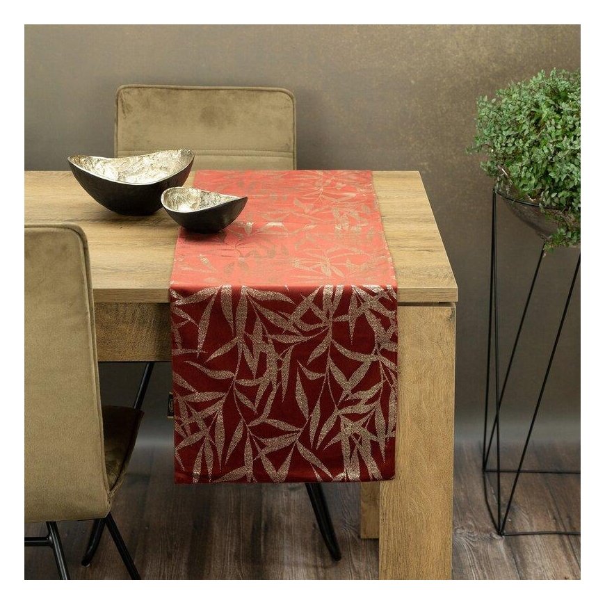 Eurofirany BLINK / 15 Velvet table runner with delicate light golden branch motif, 35X180 cm, color: brick – 4