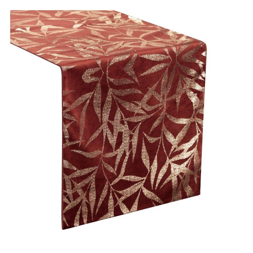 Eurofirany BLINK / 15 Velvet table runner with delicate light golden branch motif, 35X180 cm, color: brick – 5