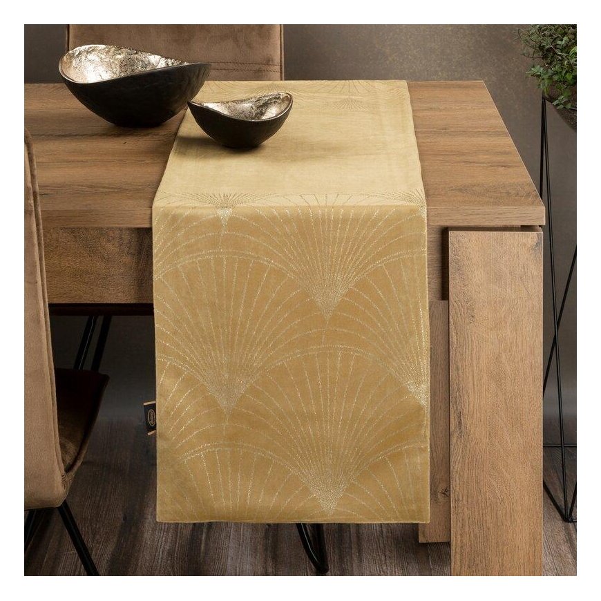 Eurofirany BLINK / 14 Velvet table runner with a large art deco fan pattern, 35X180 cm, color: gold – 2