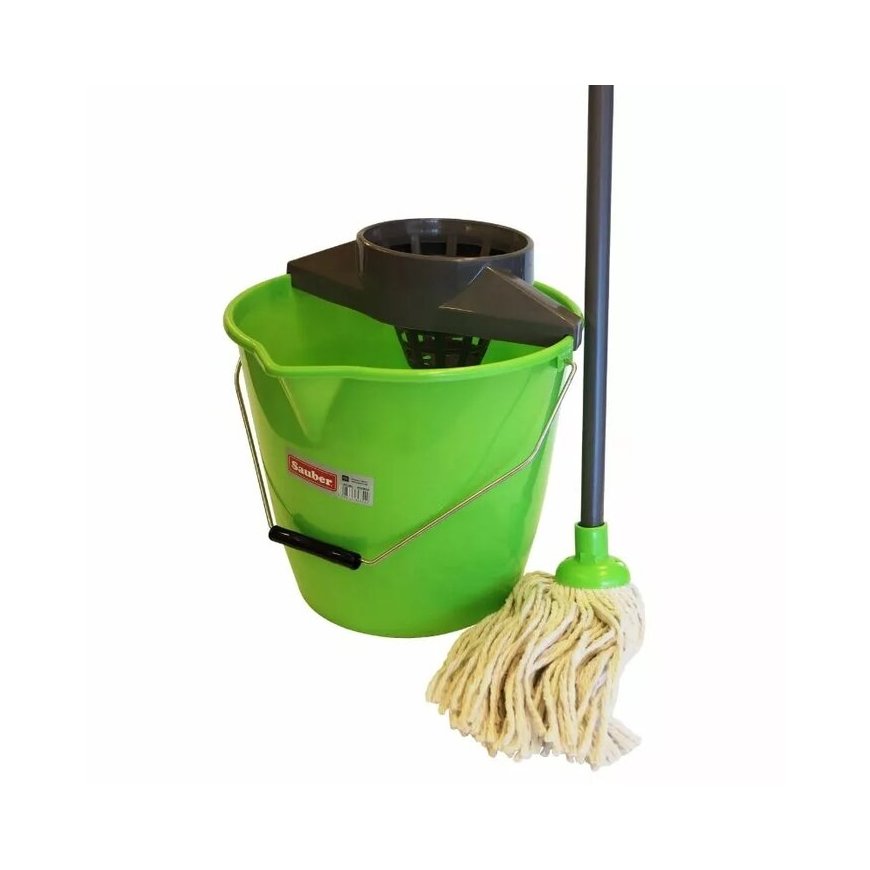 Round bucket 12L with push handle, metal handle and mop set
