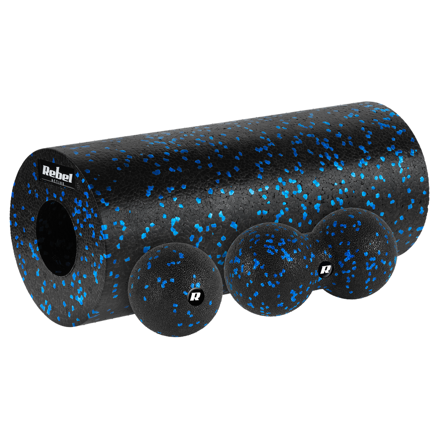 Set of wałek do masażu, roller, ball, duoball, 3 elements, color black-blue, material EPP, REBEL ACTIVE – 2