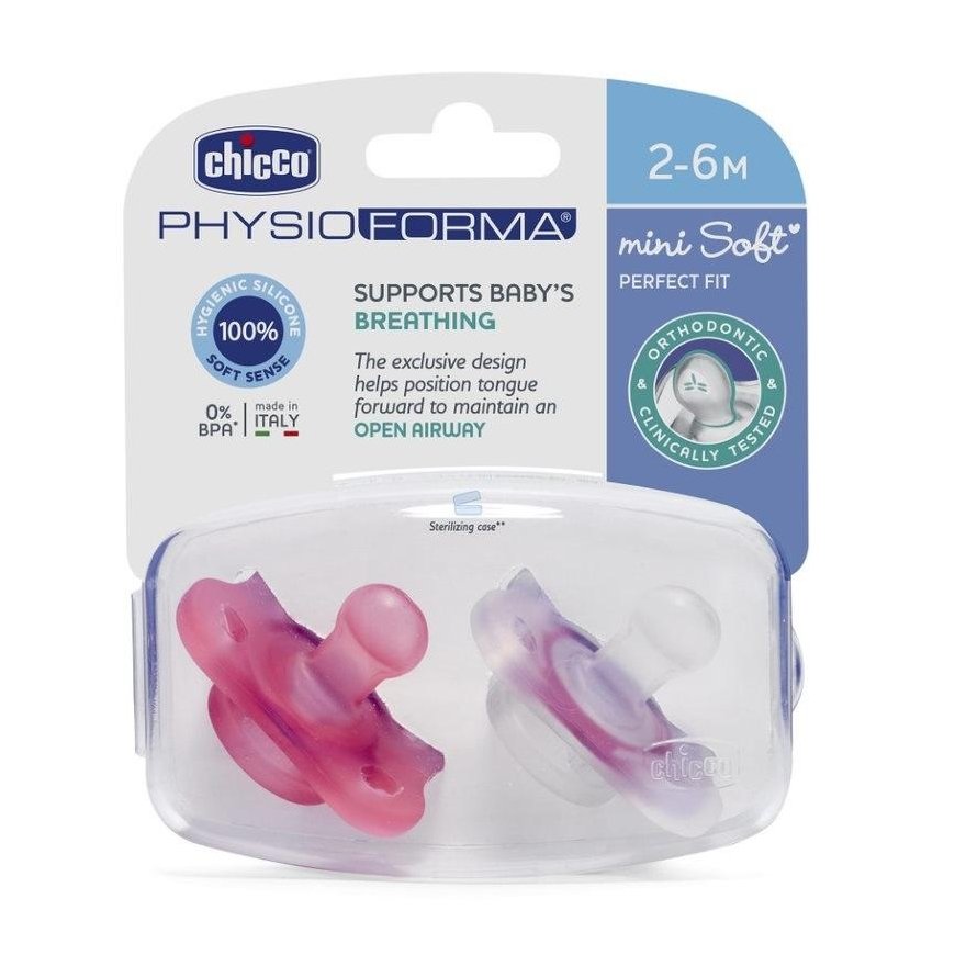 Chicco PhysioForma Mini minkštas silikoninis čiulptukas čiulptukas 2-6 mėnesių 2 vienetai baltos ir rožinės spalvos – 2