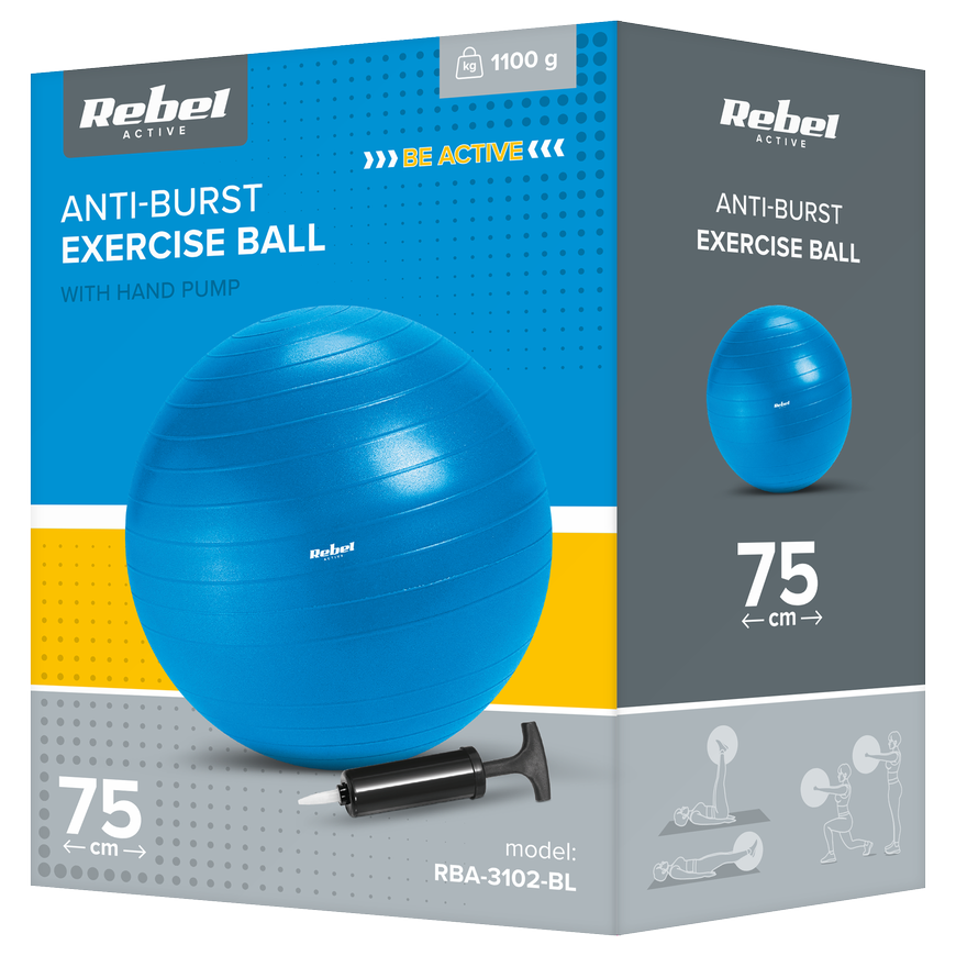 Gymnastyczna rehabilitacyjna ball 75cm with manual pump, color blue, REBEL ACTIVE – 3