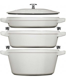 Set of 3 naczyń żeliwnych with lid Staub - 24 cm, White truffle
