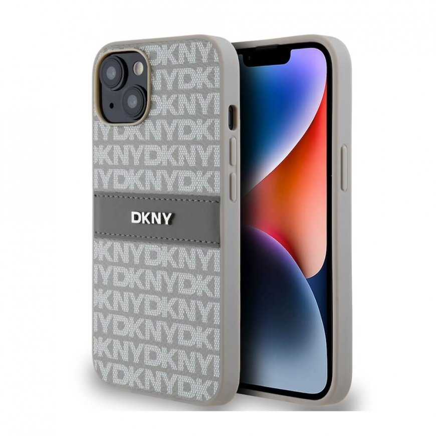 DKNY PU Leather Repeat Pattern Tonal Stripe Case for iPhone 14 B